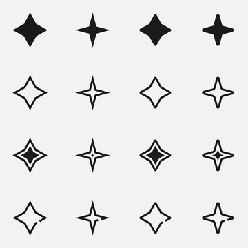 Set of four point stars black and white vector icon.