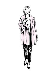 Beautiful, tall and slender girl in a stylish coat. Stylish woman. Fashion & Style. Vector illustration.