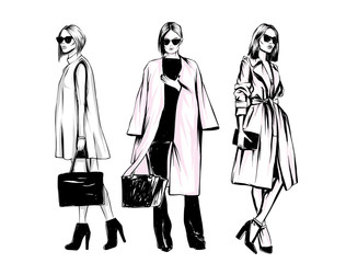 Beautiful, tall and slender girl in a stylish coat. Stylish woman. Fashion & Style. Vector illustration.