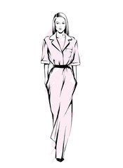 Beautiful girl in pants and blouse. Vector illustration for a postcard or a poster, print for clothes. Fashion & Style. Female. 