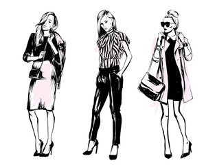 Beautiful girl in pants and blouse. Vector illustration for a postcard or a poster, print for clothes. Fashion & Style. Female. 