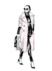 Beautiful, tall and slender girl in a stylish coat. Stylish woman. Fashion & Style. Vector illustration.
