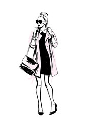 Beautiful, tall and slender girl in a stylish coat. Stylish woman. Fashion & Style. Vector illustration.