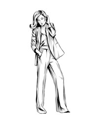 Beautiful girl in pants and blouse. Vector illustration for a postcard or a poster, print for clothes. Fashion & Style. Female. 