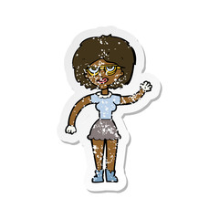 retro distressed sticker of a cartoon waving woman wearing spectacles