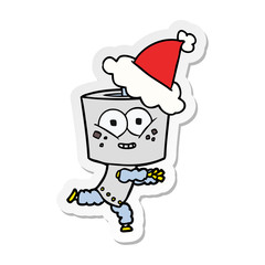 happy sticker cartoon of a robot wearing santa hat