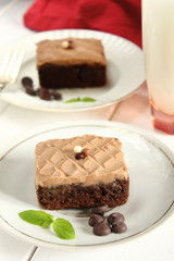 Chocolate bakery style cake brownie  with chocolate cream on top on a white plate and mint leaf and a glass of milk in the background