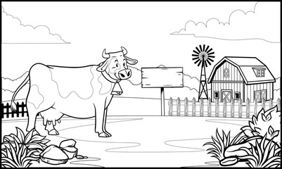 black and white coloring page cow in the ranch