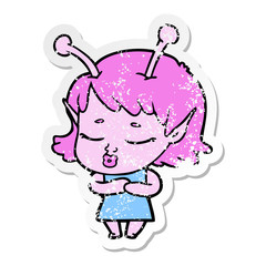 distressed sticker of a cute alien girl cartoon