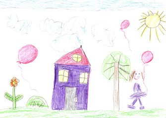 Child's drawing of a happy family on a walk outdoors