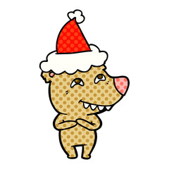 comic book style illustration of a bear showing teeth wearing santa hat