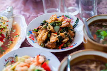 Close up chinese shrimp fried with vegetable in chinese food set, set of foods in wedding ceremony