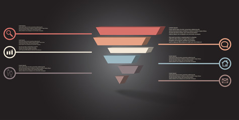 3D illustration infographic template with embossed triangle divided to six shifted parts