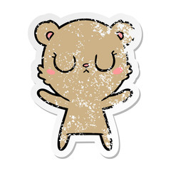 distressed sticker of a peaceful cartoon bear