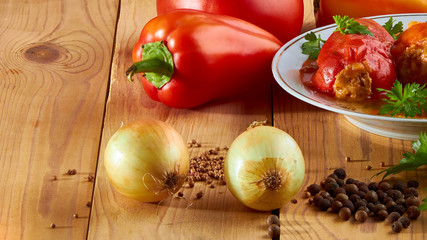 Healthy food stuffed with pepper, rice with meat and parsley and spices