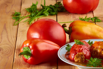 Healthy food stuffed with pepper, rice with meat and parsley and spices