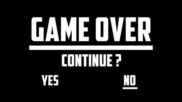 A videogame ending screen text on a tv: Game over Continue Yes No choice . Game background with animation and effects.