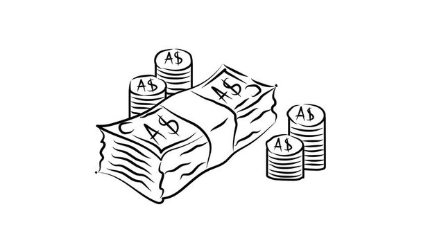 animation bundle of banknotes and stacks of coins. Australian dollar.