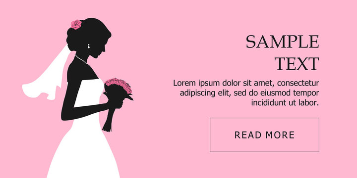 The black silhouette of a beautiful bride in white wedding dress with a bridal bouquet with pink roses and veil on her had. Isolated vector Illustration on pink background. Website banner concept.
