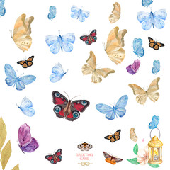 Congratulation, greeting, birthday, wedding design card Be happy. Cute watercolor butterflies on white background