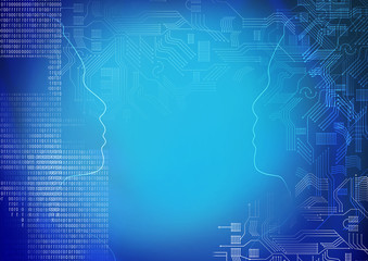 heads outline looking ot each other with circuit board and number binary digit on dark blue background with copy space in the middle, Artificial intelligence or ai concept