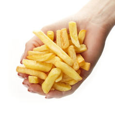 French fries in hand isolated on white background