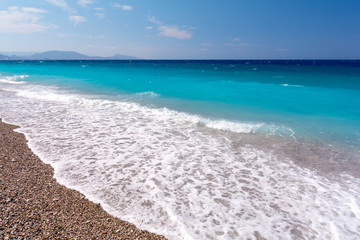 view on amazing Akti Miaouli Beach in Rhodes town, Greece