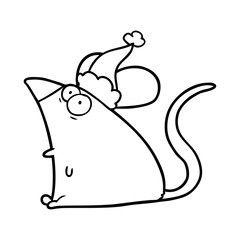 line drawing of a frightened mouse wearing santa hat