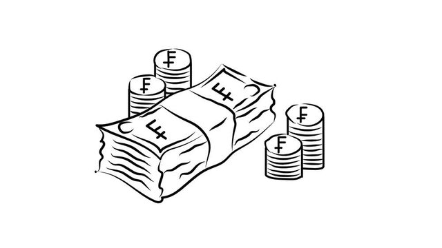 animation of a bundle of banknotes and stacks of coins. Franc.