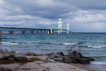Mackinac Bridge spanning the Straits of Mackinac between the upper and lower peninsulas of Michigan, USA.