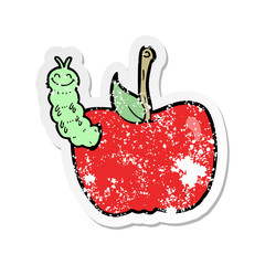 retro distressed sticker of a cartoon apple with bug