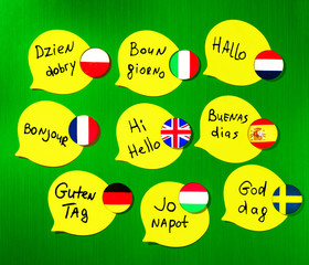 Learning foreign languages ​​courses. Phrase greetings in different languages. Flags of the...