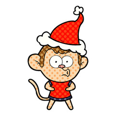 comic book style illustration of a surprised monkey wearing santa hat