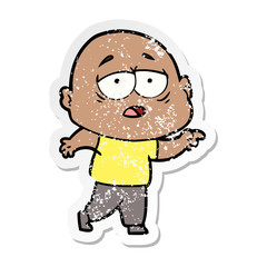 distressed sticker of a cartoon tired bald man