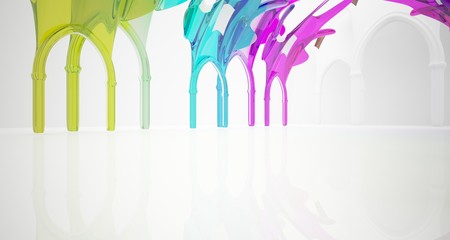 Abstract white and colored gradient smooth glasses gothic interior. 3D illustration and rendering.