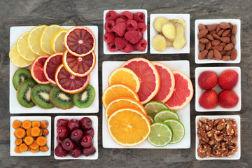 Fresh health food of fruit, nuts, herbs and spice to relieve anxiety and stress that also help relaxation, depression and reduce chronic fatigue. High in omega 3, antioxidants, minerals &  vitamins.  