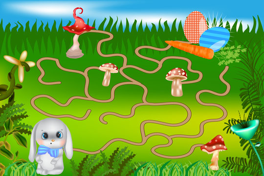 A board game with a rabbit. Easter. Maze game for kids with bunny and painted eggs. Help the rabbit  find their Easter eggs. 