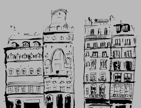 Ink sketch of buildings. Hand drawn illustration of Houses in the European Old town. Travel artwork. Black line drawing isolated on gray background.