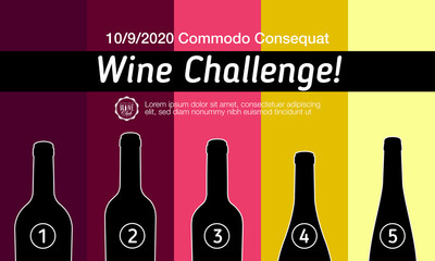 Design idea for party, tasting or wine challenge. Background wine colors in colored stripes. Silhouette of wine bottles.