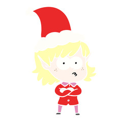 flat color illustration of a elf girl staring wearing santa hat