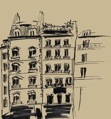 Ink sketch of buildings. Hand drawn illustration of Houses in the European Old town. Travel artwork. Black line drawing isolated on brown background.