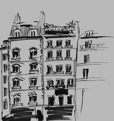 Ink sketch of buildings. Hand drawn illustration of Houses in the European Old town. Travel artwork. Black line drawing isolated on gray background.