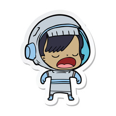 sticker of a cartoon astronaut woman explaining