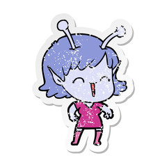 distressed sticker of a cartoon alien girl laughing