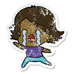 distressed sticker of a cartoon woman crying