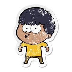 distressed sticker of a cartoon curious boy