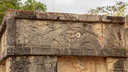 Detail of Reclining Ball Players bas-relief carved into the Great Platform of Eagles and Jaguars found on the grounds of  the  Maya Ruins of Chichen Itza