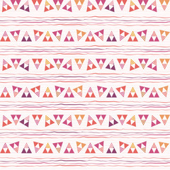 Funky pink, purple and orange triangle and doodle geometric design. Repeat vector pattern on white doodle texture background. Great for children products,gift wrap, stationery, packaging, scrapbooking