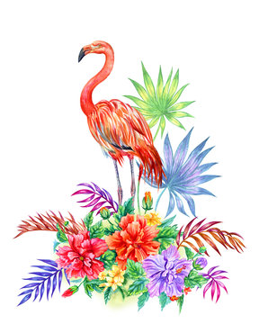 Flamingo and tropical bouquet with hibiscus, palm leaves and plumeria, watercolor painting on a white background. © Ollga P