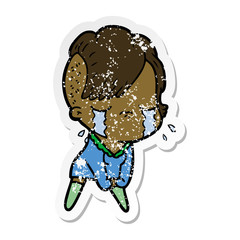 distressed sticker of a cartoon crying girl